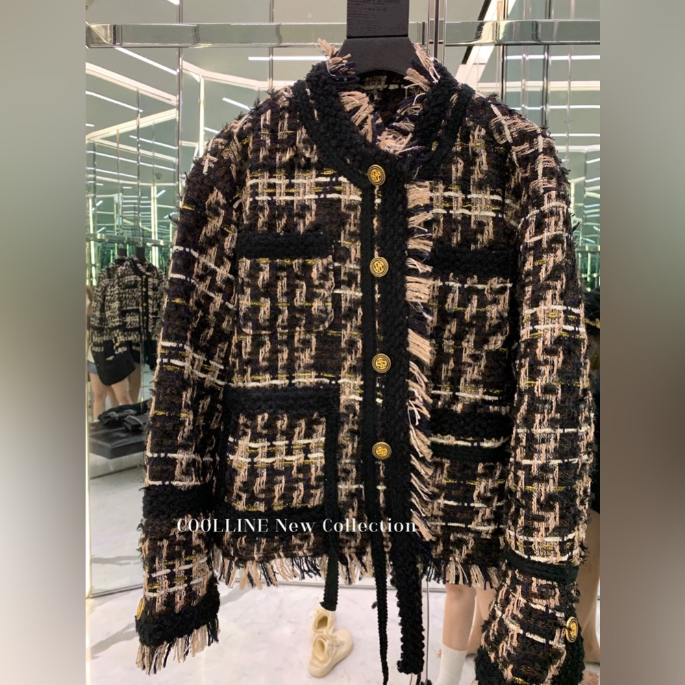 Heavy Industrial Black and Gold Woven Fringe Wool Tweed Jacket Women coat luxury